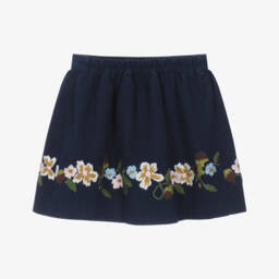Molo-Girls Navy Blue Floral Embroidered Cotton Twill Skirt | Childrensalon