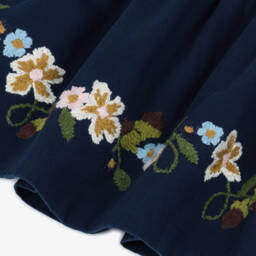 Molo-Girls Navy Blue Floral Embroidered Cotton Twill Skirt | Childrensalon