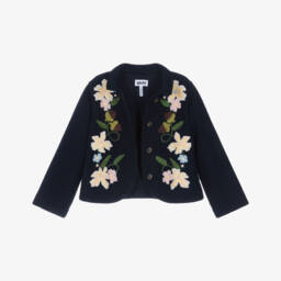 Molo-Girls Navy Blue Wool Embroidered Jacket | Childrensalon