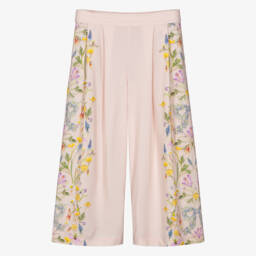 Girls Pale Pink Floral Print Wide-Leg Trousers