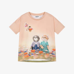 Molo-Girls Peach Pink Organic Cotton Kitten T-Shirt | Childrensalon