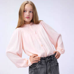 Molo-Girls Pink Pintuck Long Sleeve Collarless Blouse | Childrensalon