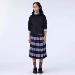 Molo-Girls Purple & Black Stripe Pleated Crêpe Skirt | Childrensalon