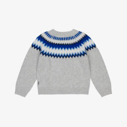 Molo-Grey & Blue Wool Knit Fair Isle Sweater | Childrensalon
