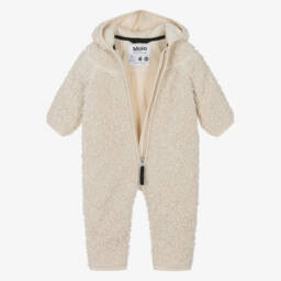 Molo-Ivory Teddy Fleece Hooded Pramsuit | Childrensalon