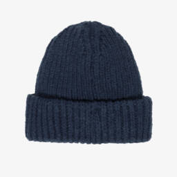 Molo-Navy Blue Smiling Face Ribbed Knit Beanie Hat  | Childrensalon