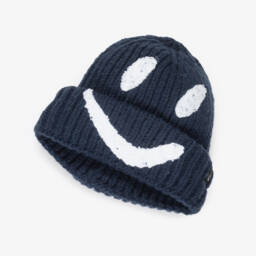 Molo-Navy Blue Smiling Face Ribbed Knit Beanie Hat  | Childrensalon