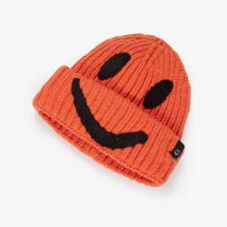 Molo-Orange Smiling Face Ribbed Knit Beanie Hat | Childrensalon