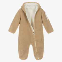 Moncler Enfant-Baby Boys Beige Teddy Fleece Hooded Pramsuit | Childrensalon