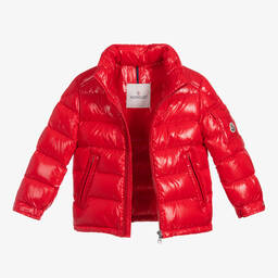 Moncler Enfant-جاكيت بافر لون أحمر مبطن بريش للأولاد | Childrensalon