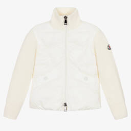 Moncler Enfant-توب بسحّاب صوف بكر لون عاجي مبطن بريش للبنات | Childrensalon