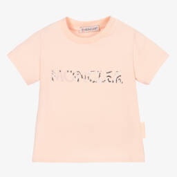 Moncler Enfant-Girls Peach Pink Cotton Logo T-Shirt | Childrensalon