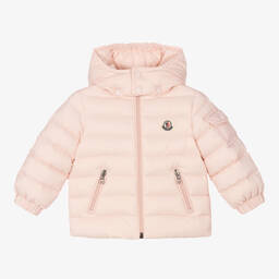 Moncler Enfant-جاكيت بافر هودي لون زهري مبطن بريش أطفال بناتي | Childrensalon