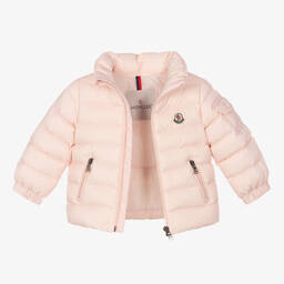 Moncler Enfant-جاكيت بافر هودي لون زهري مبطن بريش أطفال بناتي | Childrensalon