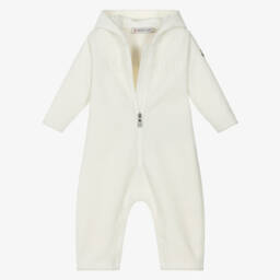 Moncler Enfant-Ivory Polar Fleece Embroidered Logo Pramsuit | Childrensalon