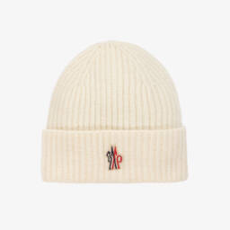Moncler Enfant Junior Ivory Wool Knit Beanie Hat Childrensalon