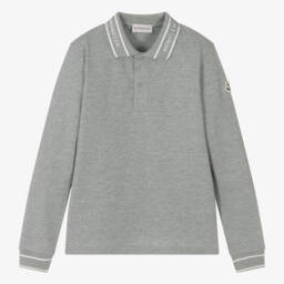 Moncler Enfant-Teen Boys Grey Cotton Long-Sleeved Polo Shirt | Childrensalon