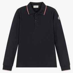 Moncler Enfant-Teen Boys Navy Blue Cotton Long-Sleeved Polo Shirt | Childrensalon