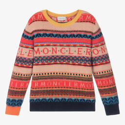 Moncler Enfant-بلوفر صوف محبوك لون أحمر وبيج للمراهقين | Childrensalon