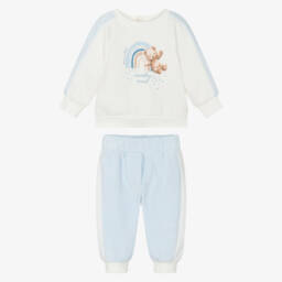 Monnalisa-Baby Boys Ivory & Blue Velour Teddy Bear Tracksuit | Childrensalon