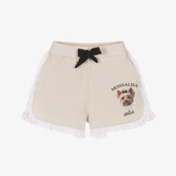Girls Beige Cotton Jersey Shorts with Dog Motif