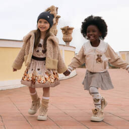 Monnalisa-Girls Beige Cotton Twill Teddy Bear Skirt | Childrensalon