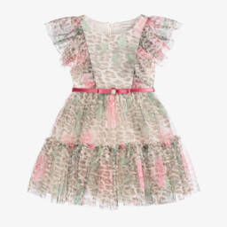 Monnalisa-Girls Beige Leopard & Pink Rose Print Tulle Dress | Childrensalon