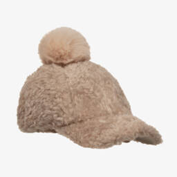 Monnalisa-Girls Beige Teddy Fleece Pom-Pom Cap | Childrensalon