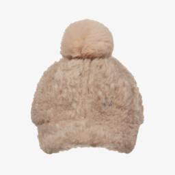 Monnalisa-Girls Beige Teddy Fleece Pom-Pom Cap | Childrensalon