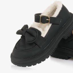 Monnalisa-Girls Black Bar Shoes with Sherpa Fleece Lining | Childrensalon