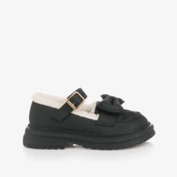 Monnalisa-Girls Black Bar Shoes with Sherpa Fleece Lining | Childrensalon