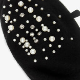Monnalisa-Girls Black Pearl & Diamanté Beret | Childrensalon