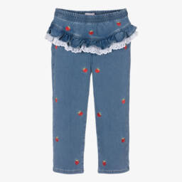 Girls Blue Denim Embroidered Strawberry Jeans with Lace Trim