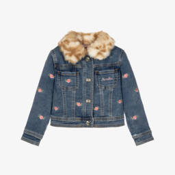 Girls Blue Denim Jacket with Embroidered Flowers