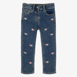 Girls Blue Denim Jeans with Embroidered Pink Roses