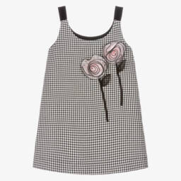 Monnalisa Шик-Girls Glittery Black Dogstooth Dress with Rose Appliqués | Childrensalon