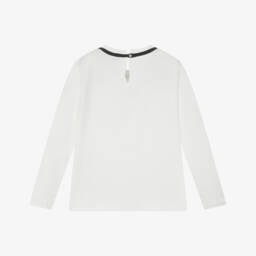 Monnalisa Chic-Girls Ivory Cotton Long-Sleeved Top with Bow | Childrensalon