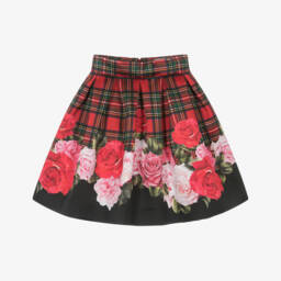 Monnalisa-Girls Red Tartan & Rose Print Satin Skirt | Childrensalon