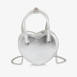 Monnalisa-Girls Silver Heart Faux Leather Handbag (18cm) | Childrensalon