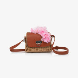 Monnalisa-Girls Straw & Faux Leather Flower Bag (16cm) | Childrensalon