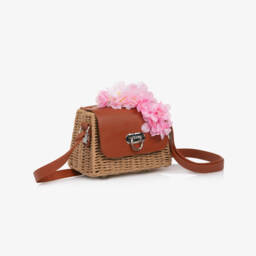 Monnalisa-Girls Straw & Faux Leather Flower Bag (16cm) | Childrensalon