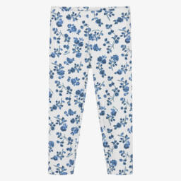 Girls White & Blue Floral Jersey Leggings