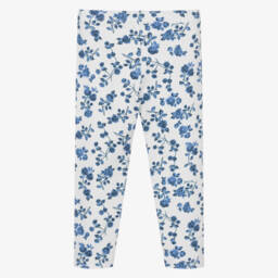 Monnalisa-Girls White & Blue Floral Jersey Leggings | Childrensalon