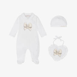 Monnalisa-Girls White Cotton Bow Babygrow Set with Lace Trims | Childrensalon