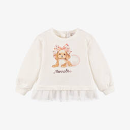 Monnalisa-سويتشيرت قطن مزين بفيونكة وكلب لون أبيض للبنات | Childrensalon