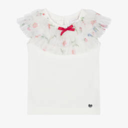 Monnalisa-Girls White Cotton & Ruffle Tulle Top | Childrensalon