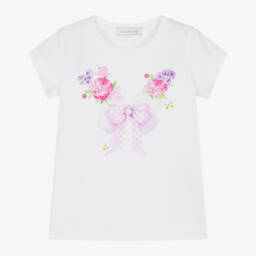 Белая хлопковая футболка для девочек с розовыми цветами и отделкой из страз