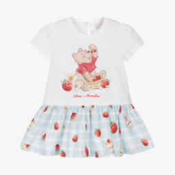 Girls White Striped Cotton Winnie The Pooh Dress