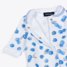 Monnalisa-White & Blue Bubble Print Cotton Babysuit Set | Childrensalon