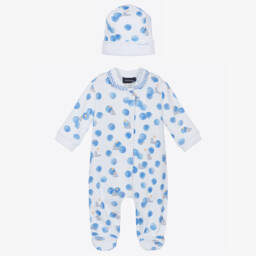 Monnalisa-White & Blue Bubble Print Cotton Babysuit Set | Childrensalon